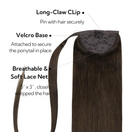 HOTBANANA 22 Inch Ponytail Extension - Human Hair Clip in Wrap Around Hair Piece, Light Dark Brown, Long Straight Remy Human Hair Extension 90g