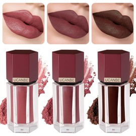 Puder-zu-Creme Lippe Farbe Matte Lippenstift Set 3 Pcs Hochpigmentiertes Samt Glattes Gesicht Make-up Pulver für Lippe, Augen-Wange, Nicht klebriges langanhaltendes Make-up Lippenstift Kit