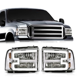 LQI Headlight Assembly LED DRL Compatible with Ford F250 F350 F450 F550 2005-2007 /Fit Ford Excursion 2005 Headlamps Clear lens Chrome Houing Amber Reflector