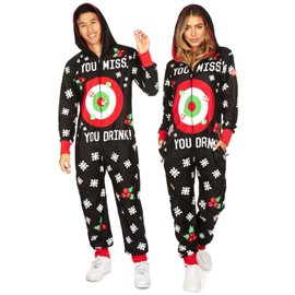 Tipsy Elves Christmas Onesies for Adults - Comfy Unisex Matching Holiday Jumpsuits with Convenient Pockets - Cozy Black Drinking Game Christmas Jumpsuit Size X-Small