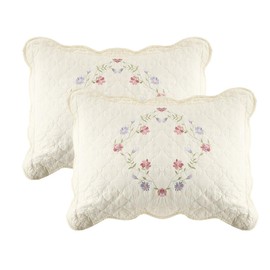 vctops 2-Piece Elegant Floral Embroidered Pillow Shams Queen Size 100% Cotton Quilted Decorative Pillow Shams Set (Cream B,20"x28")