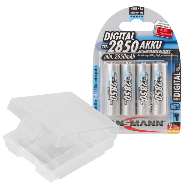 ANSMANN AA Rechargeable Batteries 2850mAh high-capacity high-rate rechargeable NiMH AA Batteries for flashlight, camera, radio etc. (4-Pack) + Battery Case protection for 4 AA and AAA Batteries (5035092-590-1)