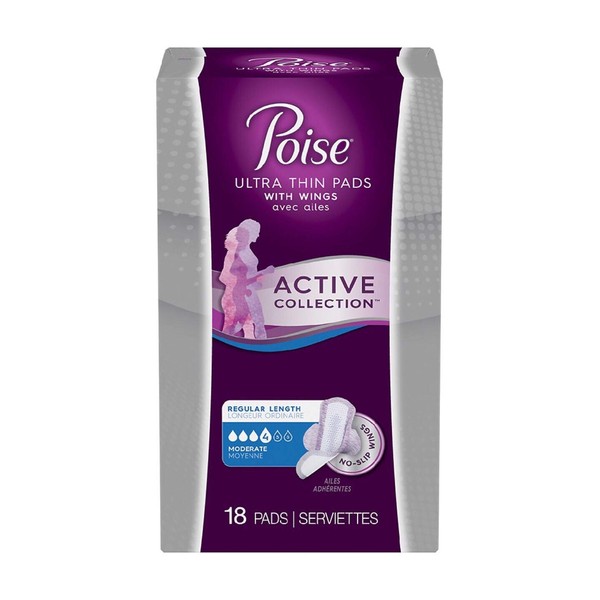 Poise Ultra Thin Pads with Wings Active Collection (Moderate - 18 Pads)