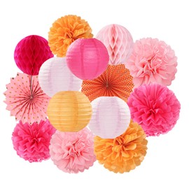 Hot-Pink Burnt-Orange Party-Decorations Streamers Lanterns - 14pcs Fall Birthday Baby Shower Paper Honeycomb Fan,Tissue Pom Poms, Autumn Thanksgiving Bridal Wedding Graduation Decor Ouruola