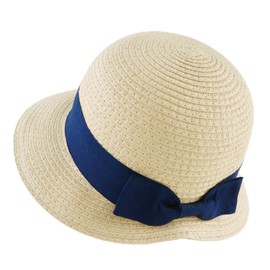 JANGANNSA Baby Girl Straw Hat Outdoor Baby Sun Protection Hats Summer Bowknot Beach Cap for Infant Toddler Girls(Navy Bow-Beige,6-24 Months)