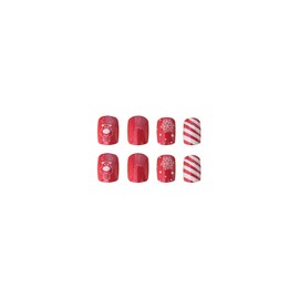 Christmas Press on Nails Short Square Winter Petite Fake Nails Red Full Cover White Snow Elk False Nails with Designs Candy Cane Glossy Glue on Nails Cute Acrylic Artificial Nails for Women Girls