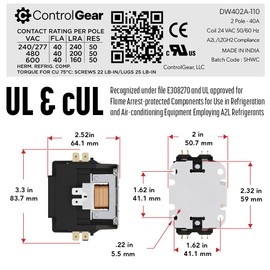 2 Pole, 40 Amp, 24V Coil, Definite Purpose Contactor, Line & Load Lugs, UL Recognized DP Contactor & UL Approved for use with A2L Refrigerants, Brand: CONTROLGEAR