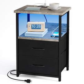 Fixwal Night Stand with Charging Station, LED Nightstand with U-S-B Ports and Outlets, 2 Fabric Storage Drawers with PU Finish, Bed Side Table, Greige