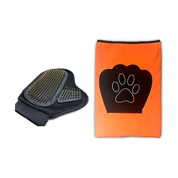 Because of Paws Pet Grooming / Massage / Deshedding Hand Glove Brush Mitt Fur Hair Removal and Microfiber Aborsbent Towel with Embroidered Paw Shaped Pocket - Ideal for Small to Medium Dogs and Cats