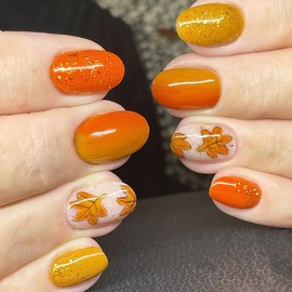 Fall Yellow Press on Nails Short Oval Orange False Nails Bling Fake Nails with Maple Leaves Designs Glitter Artificial Nails Glossy Full Cover Acrylic Glue on Nails Autumn Stick on Nails for Women