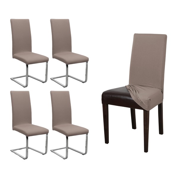 BEAUTEX Set of 4 Jersey Chair Covers, Elastic Stretch Covers, Cotton, Bi-Elastic, Choice of Colours (Taupe Brown)
