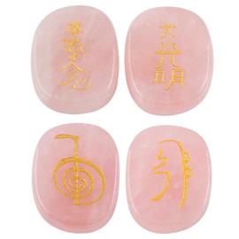 Rockcloud Healing Crystal Rose Quartz 4pcs Engraved Chakra Stones Palm Stone Reiki Balancing