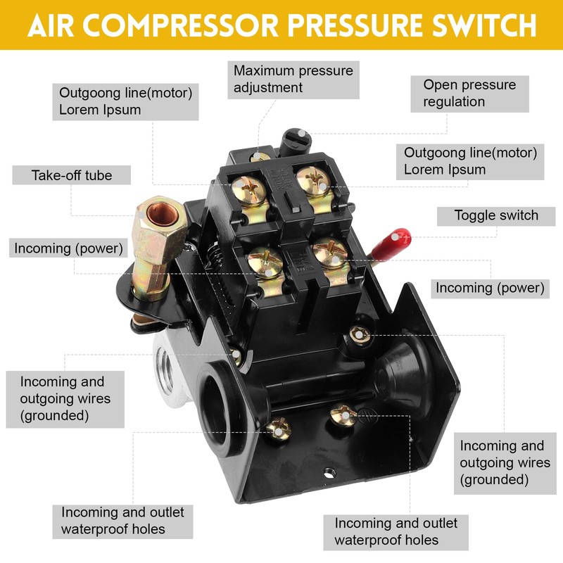 Air-Compressor Pressure Switch 135-175 psi 4 Port 26 Amp 220V,