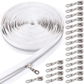 PECMER #5 White Zipper Tape By the Yard with Pulls-10 Yards Bulk Nylon Coil Zipper Replacement with 20 Pcs Silver Pulls Zippers-Zippers for Sewing Assorted Lengths Bags and Purses