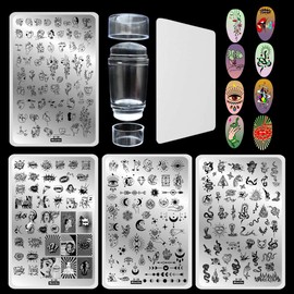 Nagel Stempelplatte Set, 4 pcs GroÃ stamping schablone Tattoo 1pcs Doppelseitig Klar nagel stempel silikon,Abstraktes Gesicht Schlange Konstellation stempel fÃ¼r nÃ¤gel