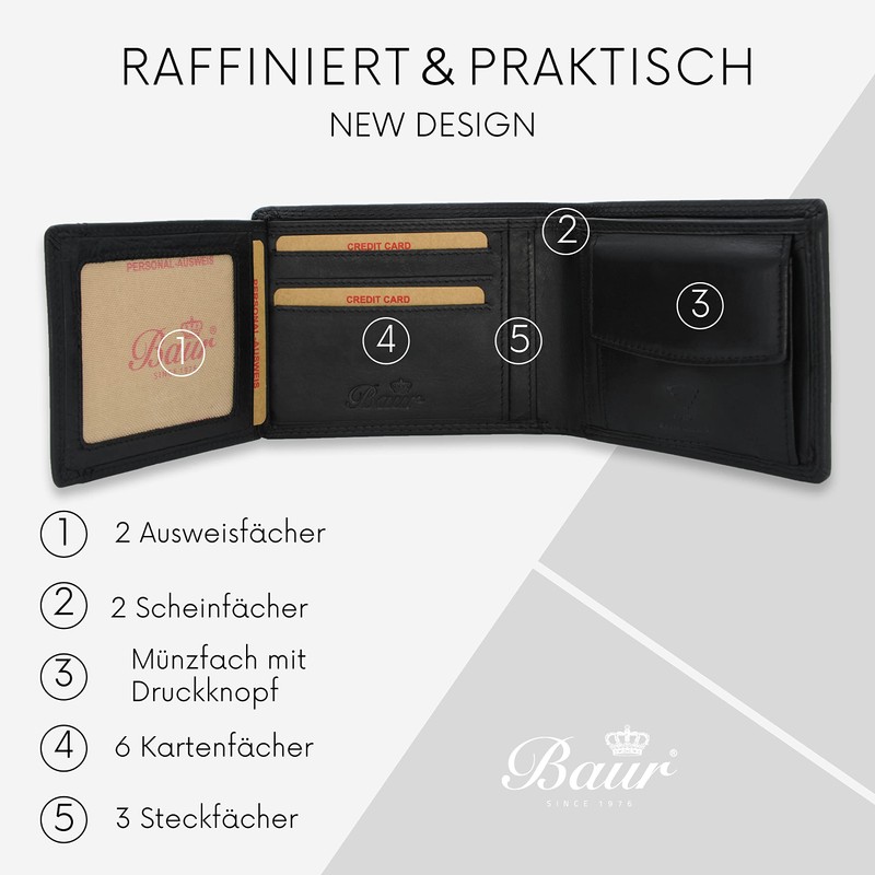 Baur Men's Genuine Leather Wallet with RFID Protection, Landscape Format,