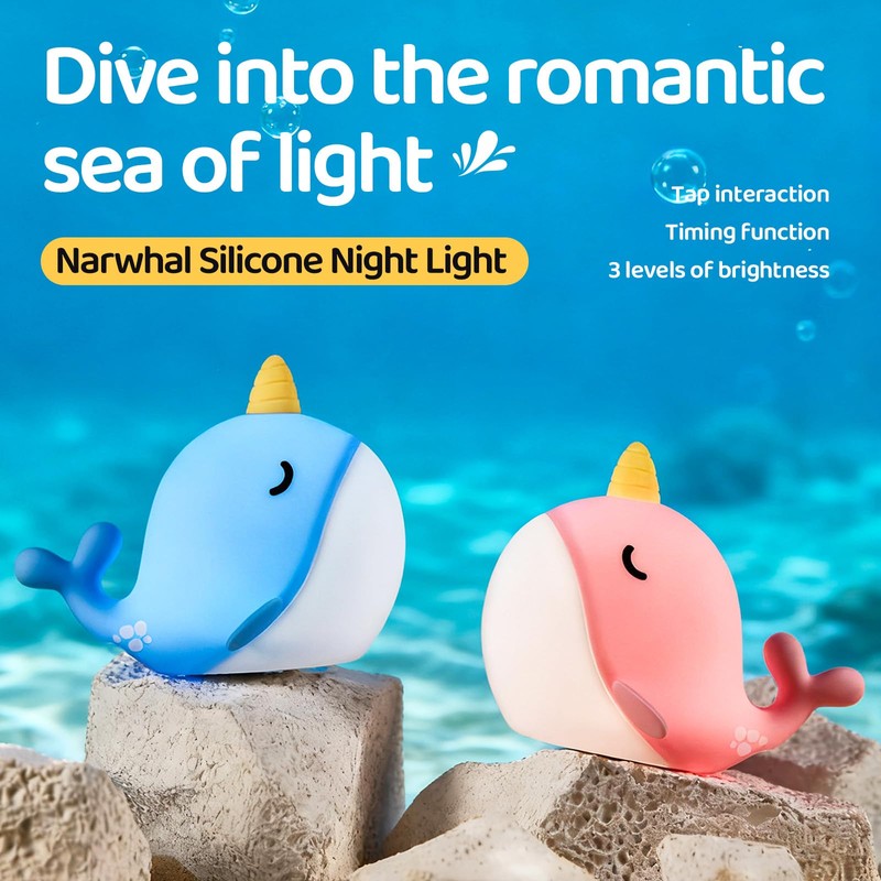 faralite Cute Whale Night Light, Soft Narwhal Silicone LED Night