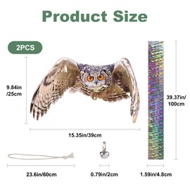 2PCS Fake Owl to Scare Pigeon Away from Balcony, Flat Garden Owl to Keep Woodpecker Away from House, Hanging Plastic Owls with Reflective Tape, Pigeon Scare Devices for Outdoor Roof Porch Patio