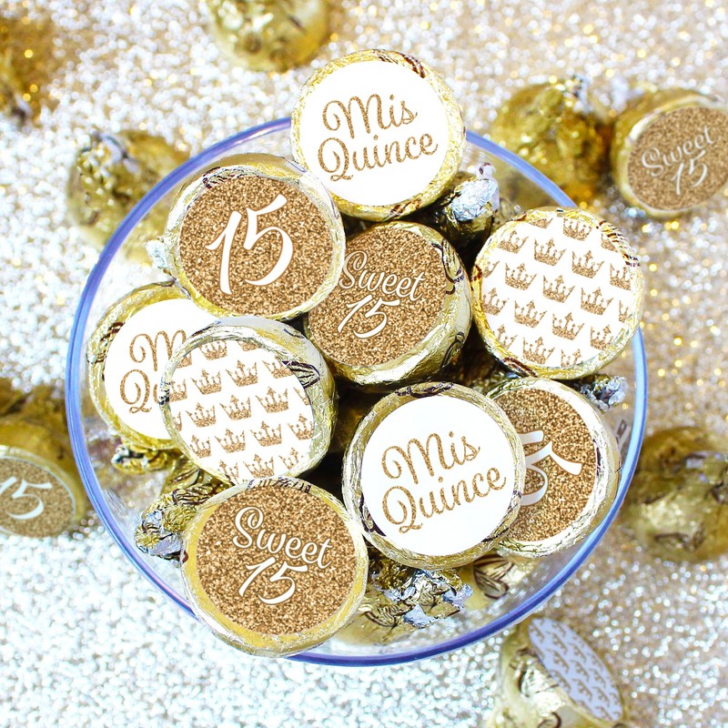 White and Gold Quinceañera Chocolate Kisses Party Favor Stickers, Mis