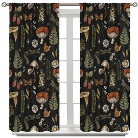 AAVEUP - Cortinas de hongos rústicos, clásico, color negro, diseño bohemio, bosque, hojas, plantas, hongos, flores, tratamiento de ventanas, cortinas con aislamiento térmico para niños y niñas,