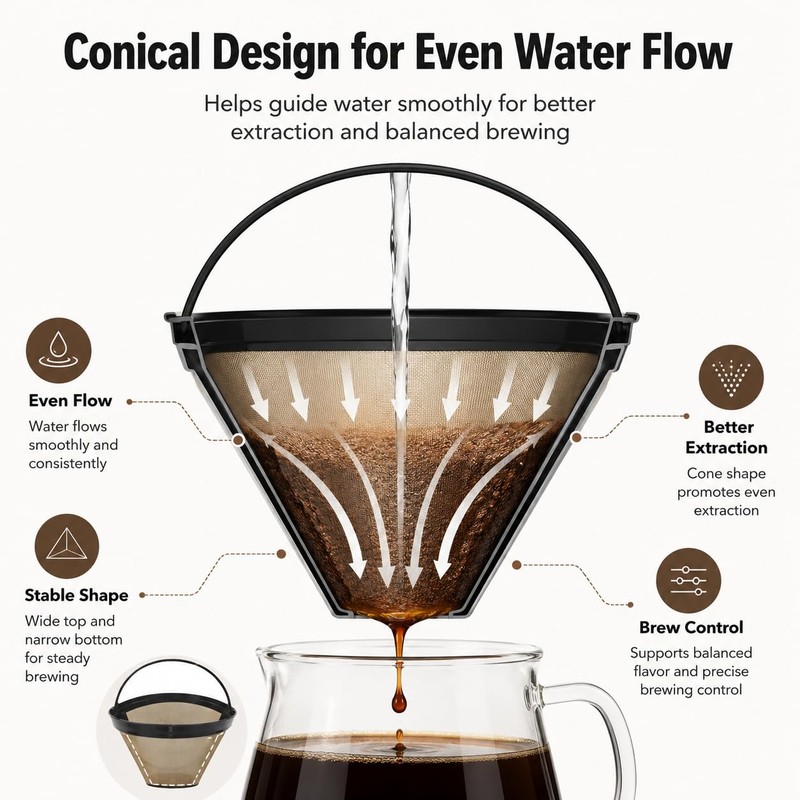 1 reusable permanent coffee filter #4 conical, suitable for 8-12