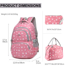 goldwheat 3Pcs Dog Paw Prints Backpack and Lunch-Bag Set for Girls School Student Book Bag Middle School-Bag