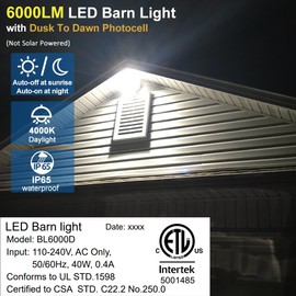 Owleye 6000LM Dusk to Dawn Outdoor Lighting LED Barn Light Security Lights, 42W 4000K Daylight, AC 110-240V, ETL Listed, Waterproof Outside Lights for Yard Warehouse Garage
