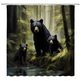 HYKHYK Black Bear Shower Curtain Rustic Green Forest Cabin Wildlife Animal Family Hunting Lodge Country Camping Farmhouse Bathroom Curtain Set with Hooks(70" WX70 H)