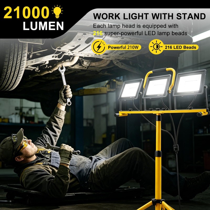3x70W LED Work Light, Adjustable Tripod Portable Construction Flood Light