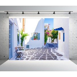 CORFOTO 7x5ft Fabric Greece Backdrop for Photography Famous Greek Island Whitewashed Dotted Alley Old Town Street Background for Europe Themed Party Decor Birthday Wedding Photo Studio Props