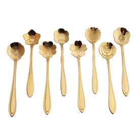8X Spoon Long Handle Dessert Tea Coffee Mixing Spoon Stainless Steel Teaspoon - Elegant Gold/Rainbow Teaspoons, Perfect for Coffee, Tea, Dessert, Mixing, 12.5cm Length