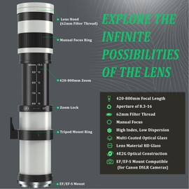 (Upgrade) RF 420-800mm F/8.3 Telephoto Zoom Lens - Manual DSLR Cameras Lenses for Canon EOS R, Ra, RP, R3, R5, R5 C, R5 Mark II, R6, R6 Mark II, R7, R8, R10, R50, R100 Mirrorless Cameras