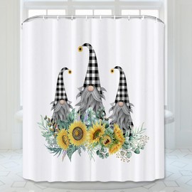 Abaysto Sunflower Gnomes Shower Curtain Checkered Plaid Shower Curtains,Spring Floral Plant Botanical Watercolor Green Leaves Bathroom Shower Curtains Set with Hooks Retro Bathroom Decor