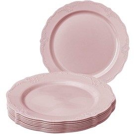 Silver Spoons Vintage Pink Plastic Dessert Plates Set of 10 – 7.5 Inch Party Plates with Scalloped Edges – Elegant Look for Tea Parties, Bridal Showers, or Everyday Use