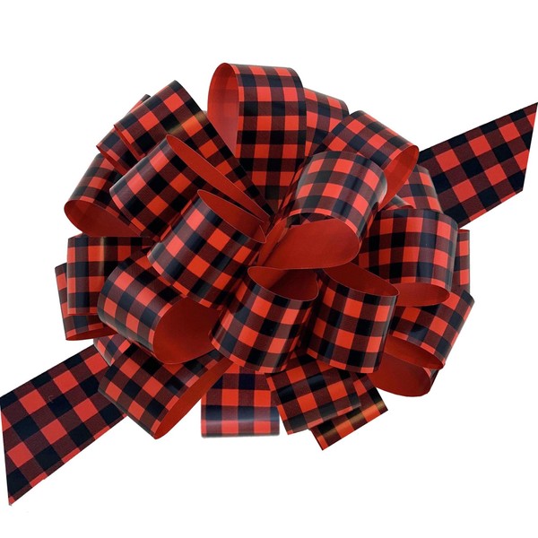 Large Buffalo Plaid Pull Bows - 8" Wide, Set of 6, Red Black Check, Gift Bows, Decorations for Presents, Gift Wrap, Gift Basket, Wreath, Swag, Birthday, Christmas, Valentine's Day