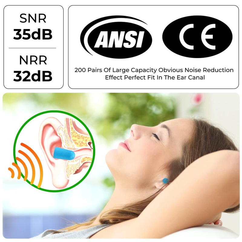 200Pairs Foam Earplugs, 32dB Disposable Noise Reduction Ear Plugs, Hearing