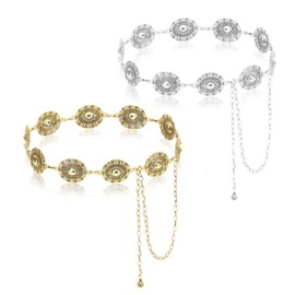 DOINEUFL 2 Pack Women Belt, Gold Chain Belt, Western Metal Concho Belt, Silver Chain Belt, Cowgirl Belt, Adjustable Boho Waist Chain Country Concert Outfit for Dress Waist Chain (B-gold and silver)