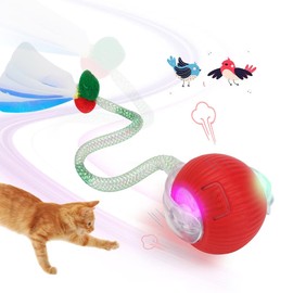 Interactive Cat Toy for Indoor Cats,Agile Automatic Moving Cat/Kitten Ball with Elastic Mesh Tail,Electric Toy Ball Chirping Bird Self Rolling Speed Moving Tail 2.0 3.0 (red ball green tail)