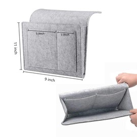 5 Pockets Gray Felt Bedside Storage Bag Bedside Caddy Thicker Bed Sofa Storage Organizer Bedside Pocket with Cable Holes for Home Bedroom, Living Room