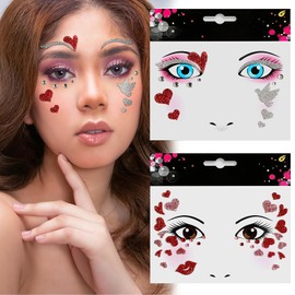 Valentine's Day Heart Face Tattoos Stickers Set Glitter Face Jewels Red Pink Heart Self Adhesive Face Temporary Tattoo for Adult Makeup Birthday Festive Party Decoration Supplies 2Pcs