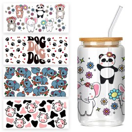 4 Sheets UV DTF Cup Wrap Transfer Stickers for DIY Craft Decorations for 16oz Glass Water Bottle (Animals-A)