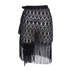 ChinFun Women's Sarong Wrap Skirt Swimsuit Summer Beach Swimwear Flower Lace Bikini Cover Up with Tassel D-V-Black