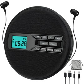 Tragbarer CD-Player mit Dual-Lautsprechern | Antischock, USB/AUX, LCD-Display | 5 EQ-Modi, A-B Repeat, 10 Geschwindigkeiten | Mobiler Musikplayer in Schwarz