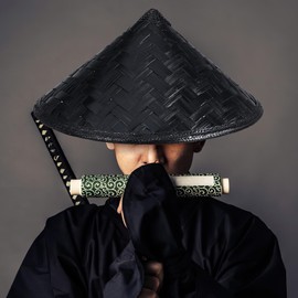 DECHOUS Samurai Hat, Cosplay Ninja Hat Handmade Bamboo Hat Rice Hat Japan Samurai Hat Asian Hat for Party, Black, 14 Inch