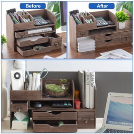 Executive Office Solutions Adjustable Wooden Desk Organizer For Desktop, Tabletop, Office or Counter – Wood Storage Shelf Rack For Office Supplies, Desk Accessories, or Mail – Brown