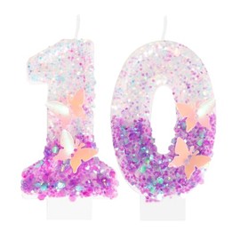 Ceya Velas de cumpleaños número 10, vela de mariposa morada para pastel, vela brillante con purpurina de número 3.14 pulgadas adorno para pastel, deco