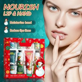Christmas Hand Cream & Lip Balm Sets - 4Pcs Mini Hand Creams and 4Pcs Lip balm Travel Size - Xmas Hand Cream Gift for Women - Christmas Stocking Stuffers with Hydration for Lips and Hands