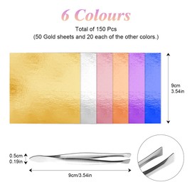 AULEEP 150Pcs Gold Leaf Sheets, 9 x 9cm Multicolored Gold Foil Sheets with Tweezer for Nails Makeup Spa Beauty Art & DIY Projects Paintings Picture Frames Home Interior and Multi Artistic Decoration