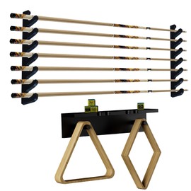 Lnmuzm Black Wall-Mounted Pool Stick Holder, Wooden Billiards Pool Cue Rack Holds 7 Cue Sticks and 2 Pool Ball Racks, Pool Table Accessories Organizer for Billiard Rooms or Clubs