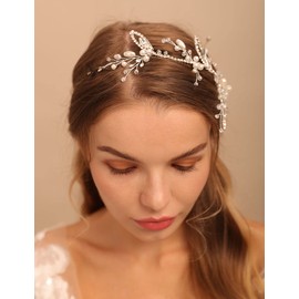 Deniferymakeup Rhinestone Pearls Wedding Hair Accessory Crystal Headband for Bride Crystal Leaves Hairstyles for Wedding